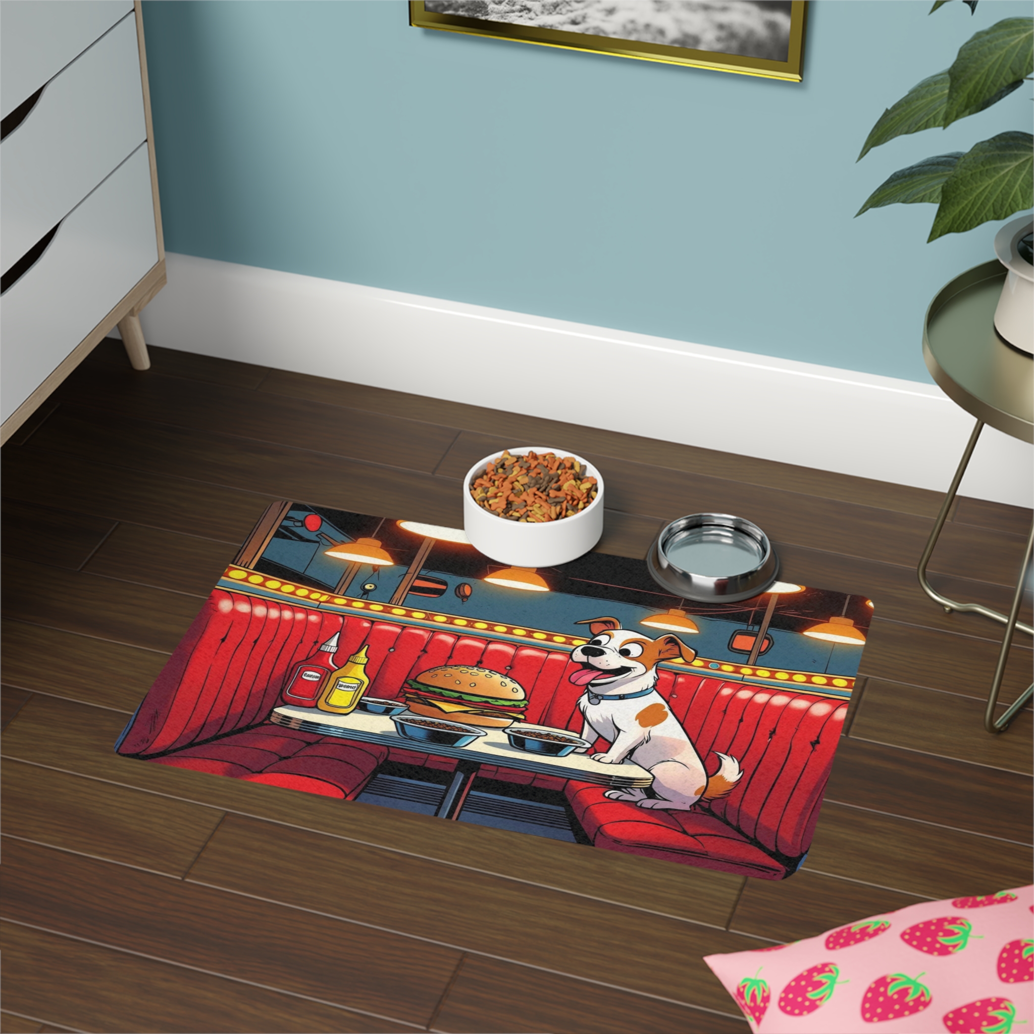 Custom Burger Bistro Pet Food Mat – Funny Personalized Design