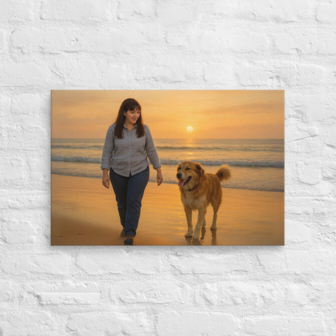 Sunset Beach Walk – Custom Pet & Owner Canvas Art - Image 2