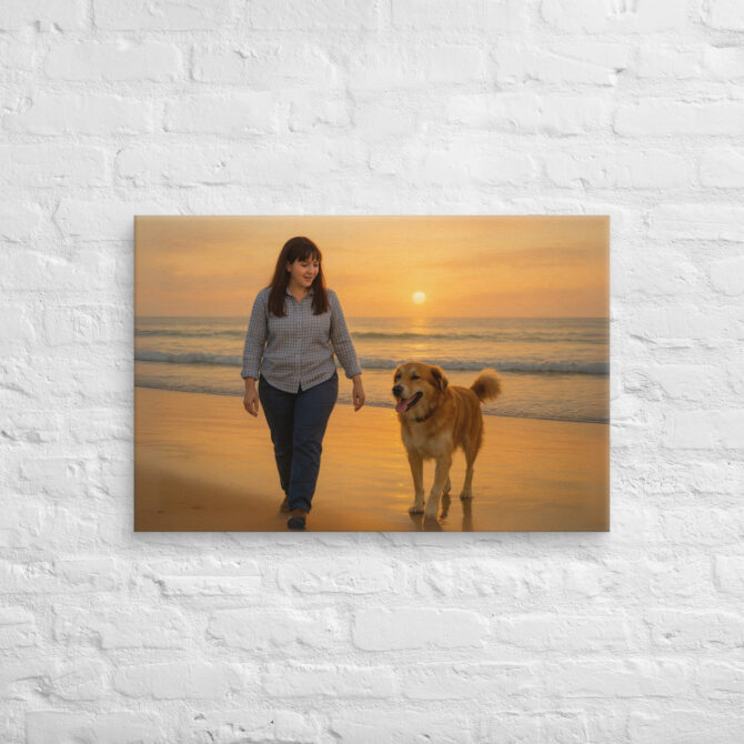 Sunset Beach Walk – Custom Pet & Owner Canvas Art