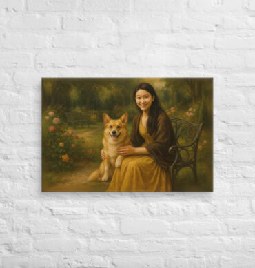 Pet & Owner Portrait – Classic Oil Painting Garden Scene (Canvas)