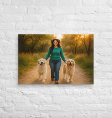 Custom Pet & Owner Canvas – Sunset Walk with Two Pets