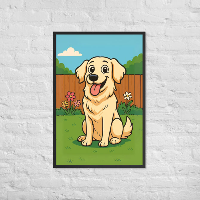 Custom Cartoon Pet Portrait – Backyard Scene | Framed Poster - Image 7