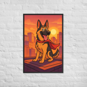 Cartoon Pet Superhero Poster – Custom Framed Pet Portrait in City Comic Style