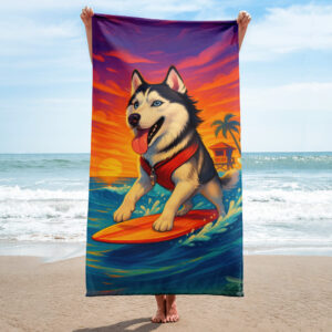 Sunset Surfer Custom Pet Beach Towel – Vibrant & Unique