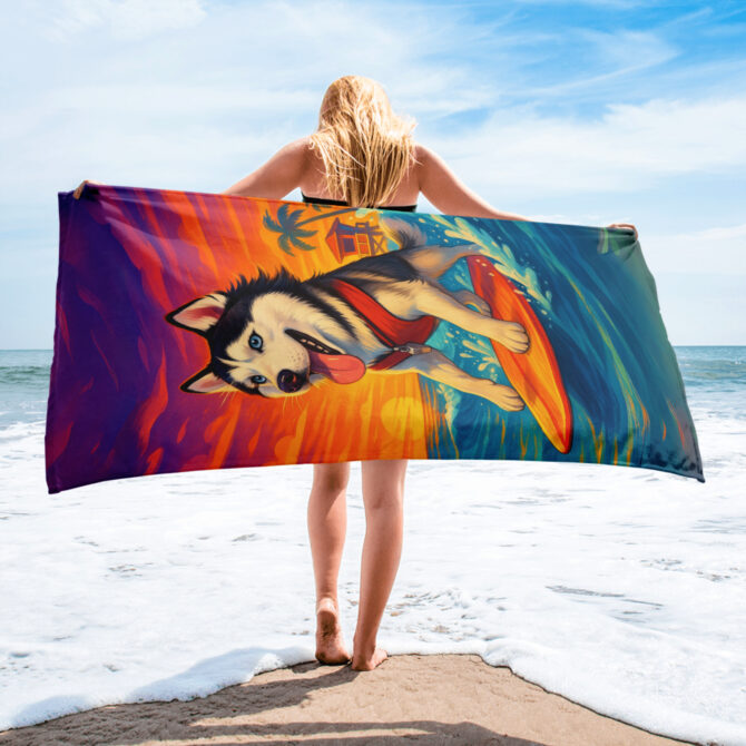 Sunset Surfer Custom Pet Beach Towel – Vibrant & Unique - Image 2