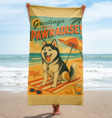 Summer Postcard Custom Pet Beach Towel – Retro Travel Style