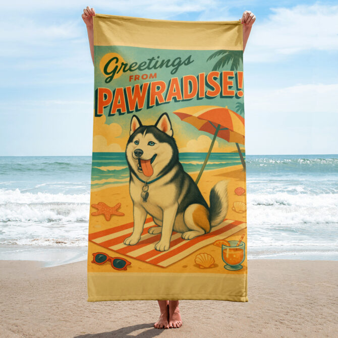 Summer Postcard Custom Pet Beach Towel – Retro Travel Style