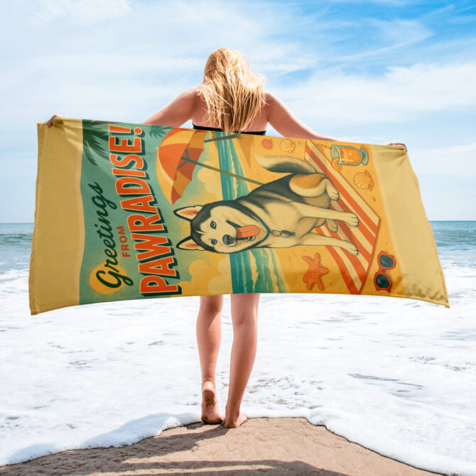 Summer Postcard Custom Pet Beach Towel – Retro Travel Style - Image 2