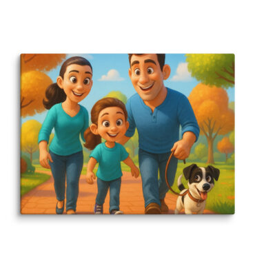 Pixar-Style Family Walk Scene Custom Pet Canvas Print