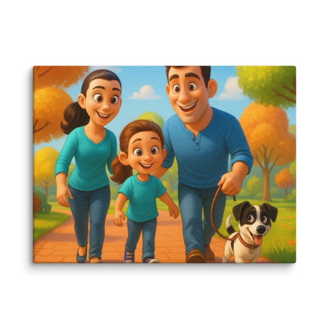 Pixar-Style Family Walk Scene Custom Pet Canvas Print
