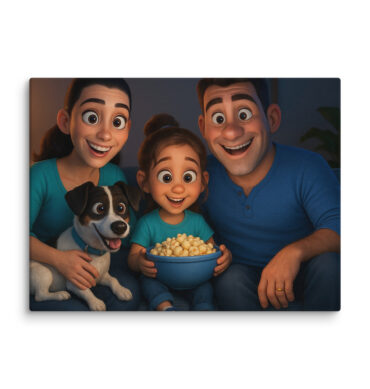 Pixar-Style Family Movie Night Pet Canvas | Custom Artwork